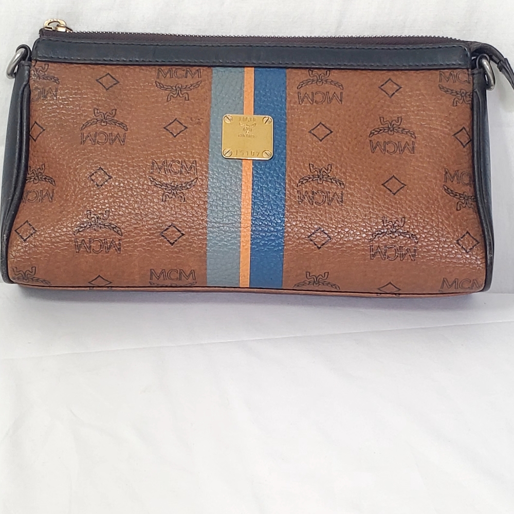 MCM Brown Monogram Leather Clutch Bag with Blue Stripe